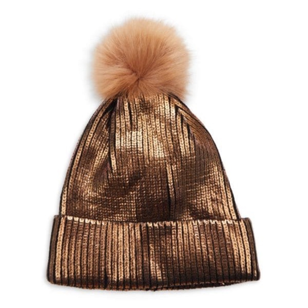 Adrienne Landau Faux Fur Pom Pom Metallic Beanie
